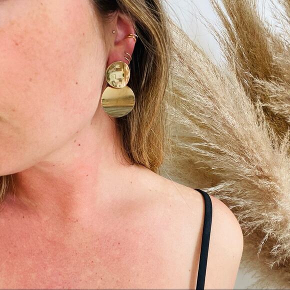 NEW NORDSTROM REVOLVE Gold Double Duo Disc Circle Stud Drop Earrings Jewelry - Picture 3 of 9